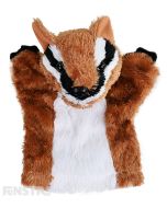 Soft and cuddly numbat hand puppet with brown, black and white fur.