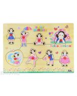 Jemima is dressed up as a ballerina, fairy, princess and more on this fun wooden Play School pin puzzle.