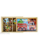 Four puzzles feature the fire engine, school bus, train and race car vehicles and come packed in a wooden box to assemble and frame the puzzle.
