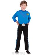 Dress up as the blue Wiggle, Anthony Field, who loves to play the drums, guitar and tin whistle, wearing a blue shirt and black pants.