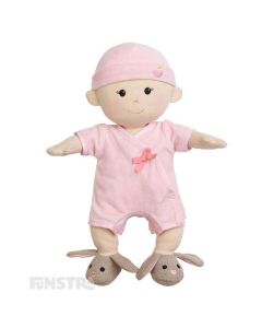 Apple Park's organic girl baby doll wears a pink onesie, bunny rabbit bootie shoes, a hat and features beautifully embroidered eyes, nose, and smile and hand-painted rosy cheeks.