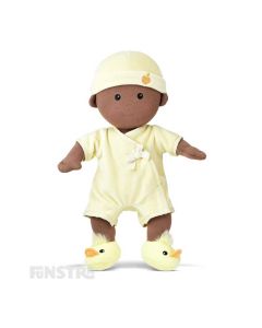Apple Park's organic baby doll wears a cream onesie, duck bootie shoes, a hat and features beautifully embroidered eyes, nose, and smile and hand-painted rosy cheeks.