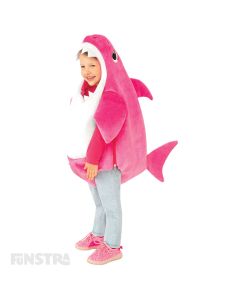 Dress up as Mummy Shark with this pink plush romper with fins of the Mummy Shark character, that features a sound chip within the costume that plays the famous Baby Shark song.