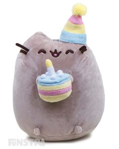 Happy Birthday! Pusheen is ready to party! Wearing her party hat and holding her birthday cake, decorated with a candle on top, Pusheen is excited and ready to celebrate everyone's birthday in kawaii style.