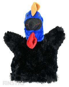 Soft and cuddly cassowary hand puppet with black and blue fur.