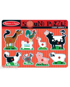 Hear the sounds of farm animals with this fun sound jigsaw puzzle from Melissa & Doug, featuring a horse, rooster, duck, cow, sheep, pig, cat and dog.