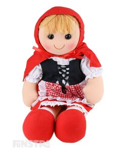 Little Red Riding  Hood is a favourite storybook doll with a soft cloth body and blonde hair under her red hooded cape and wears a white medieval shirt under a black corset and red gingham apron.