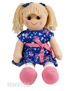 Rosie is a delightful doll with a soft cloth body 
 with blonde hair tied with bows in pigtails and wears a floral summer print dress with a pink bow at her waist.