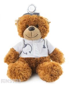 Doctor bear is on call and prescribes cuddles. Wearing a white coat, complete with stethoscope and head mirror, this little bear might just be the best medicine for your patient.