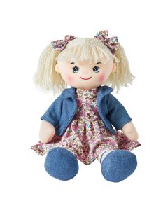 Freya is a super stylish rag doll with a soft cloth body and curly ringlet hair tied in pigtails with bows and wears a pink floral dress with a cute denim jacket and loves to bake and go swimming.