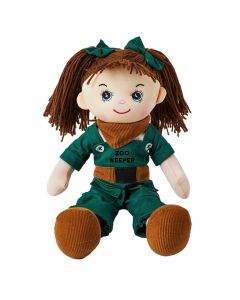 Nina is a zoo keeper rag doll with a soft cloth body and brunette hair tied in pigtails with green bows and wears a zoo keeper uniform that consists of green overalls, a brown belt and bandana and loves to feed and look after the animals.
