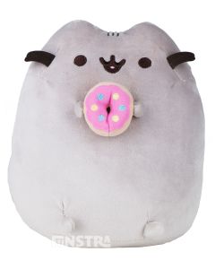 Pusheen is the snack-loving kitty cat with a sweet tooth and holds a yummy  pink frosted donut that features an embroidered happy face.