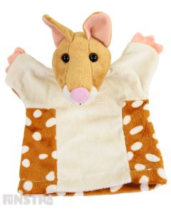 Soft and cuddly quoll hand puppet with brown, beige and cream plush.