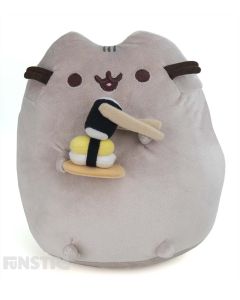 Pusheen enjoys eating a serving of refreshing  sushi and nigiri with chopsticks, as she stands upright in this plushy.