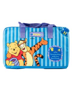 'B is for bouncing along with your best friends.' Fun design featuring Tigger and Pooh on a striped travel bag.