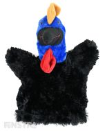 Soft and cuddly cassowary hand puppet with black and blue fur.