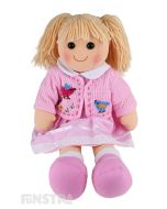 Daisy is a lovely doll with a soft cloth body and blonde hair tied in pigtails and wears a beautiful pink dress  and an embroidered jacket featuring little birds.