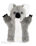 Adorable, soft and cuddly koala hand puppet with grey and white fur.