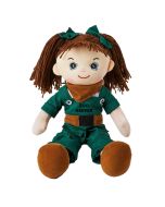 Nina is a zoo keeper rag doll with a soft cloth body and brunette hair tied in pigtails with green bows and wears a zoo keeper uniform that consists of green overalls, a brown belt and bandana and loves to feed and look after the animals.
