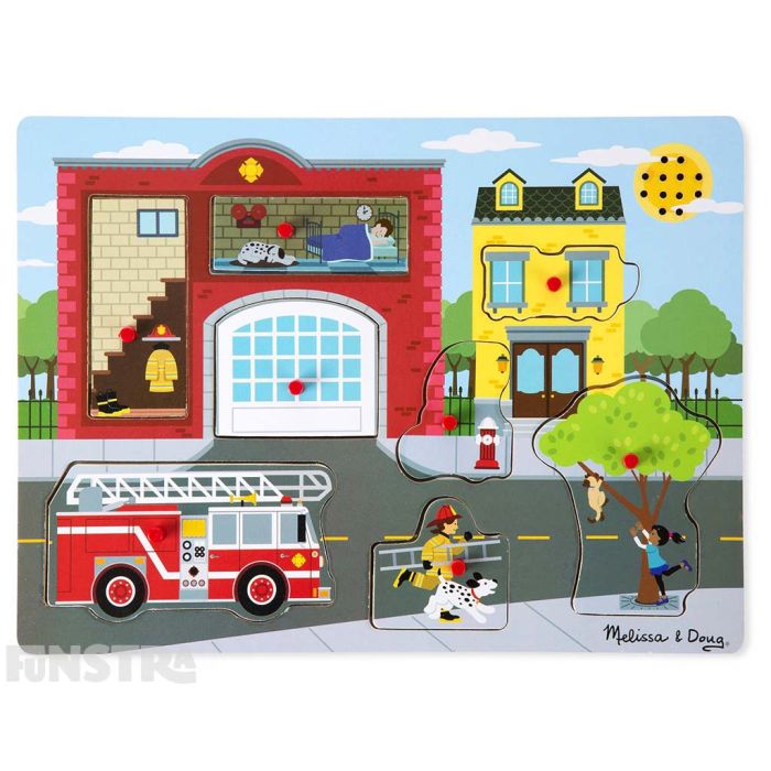 Hear the sounds from around the firestation with this fun sound jigsaw puzzle from Melissa & Doug, featuring fire engine siren, water from a fire hydrant and fire burning sounds. Hear the sounds from around the firestation with this fun sound jigsaw puzzle from Melissa & Doug, featuring fire engine siren, water from a fire hydrant and fire burning sounds.