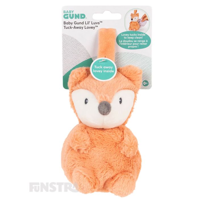 Lovey tucks away inside the Fox plushie to keep the comforting blanket clean.