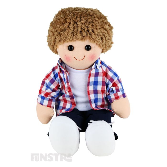 Jack is an dapper boy doll with a soft cloth body and brown hair and wears black trousers with a white tee shirt under plaid dress shirt. Jack is an dapper boy doll with a soft cloth body and brown hair and wears black trousers with a white tee shirt under plaid dress shirt.