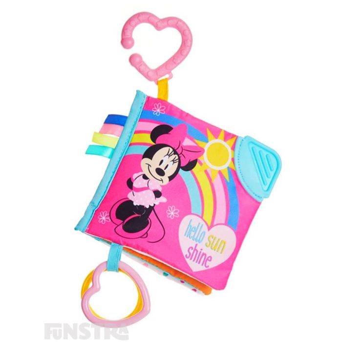 With 'Hello Sun Shine' on the front cover, this sweet cloth book features a blue teether corner helping to soothe baby's sore gums and a pink clip to attach the activity book to a car, cot or pram.