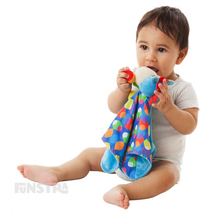 This extra large soothing comforter has bright and vibrant patterns as well as soft and silky materials that encourage tactile development.