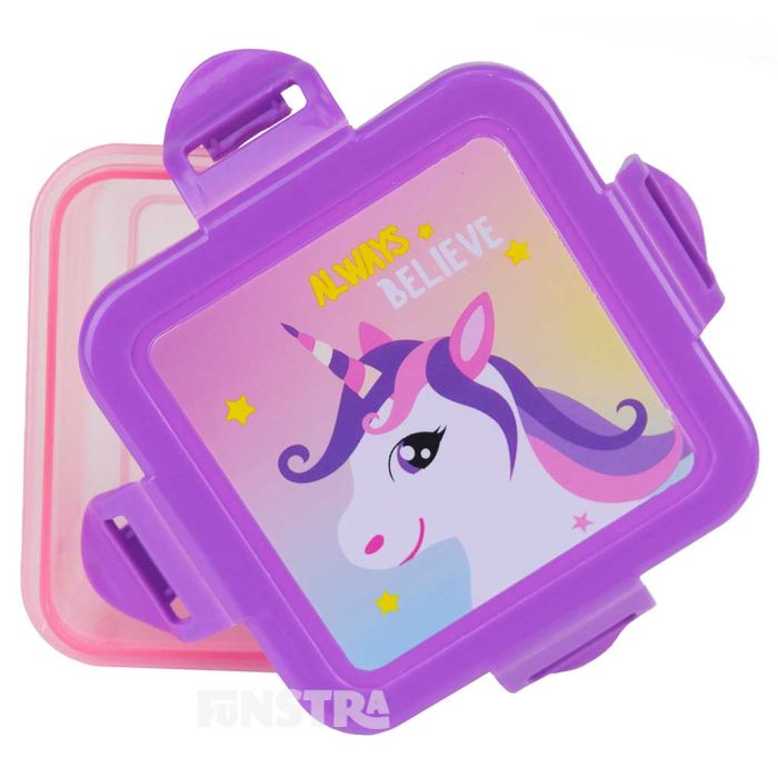 A beautiful unicorn design features on this food storage container and opens with a snap on lid