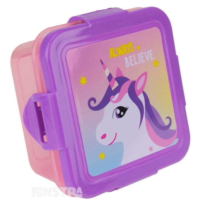 Snack box is pink with a purple lid that showcases a magical design